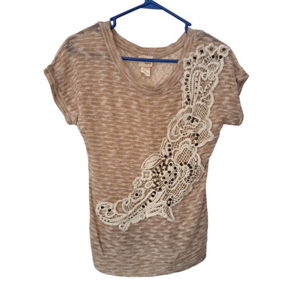 Daytrip Womens Tunic Short Sleeve Embroidered Blouse Cream Sz S